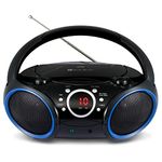 SINGING WOOD Portable CD Player AM FM Radio with Aux Line in, Headphone Jack, Foldable Carrying Handle (Black with a Touch of Blue Rims)