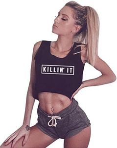 YITAN Women Graphic Sleeveless Tank Crop Top Teen Girls Cute Gym Tee Shirt Black Large