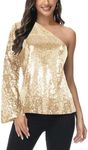 ANNA-KACI Women's Long Sleeve One Shoulder Sexy Sequin Party Top Blouse Sparkly Shirts, Gold, X-Large