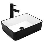 ITHWIU Bathroom Vessel Sink and Faucet Combo, 16‘’ X 12‘’ X 5'' Rectangle Above Counter Bathroom Sink White Ceramic Matte Black for Bathroom Lavatory Vanity Cabinet Balcony