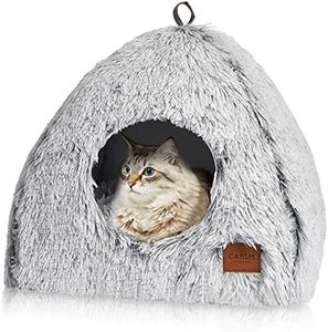 CATISM Pet Bed Plush Tent Cave House Triangle Cat Nesting Bed Cat Nest House for Cats Small Dogs Puppy with Washable Removable Pillow Cushion Carrying Handle Anti-slip Cat Bed Igloo Cave Large Grey