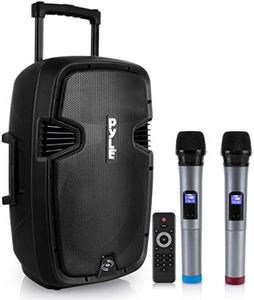 Karaoke Portable PA Speaker System - 1600W Active Powered Bluetooth Compatible Speaker, Rechargeable Battery, Easy Carry Wheels, USB MP3 RCA, FM Radio, 2 UHF Microphone, Remote - Pyle