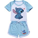 Girl Summer Short Set Stit-chs Cartoon Outfits Graphic T Shirt Sweatpants 2Pcs Tracksuit Blue 7-8 Years