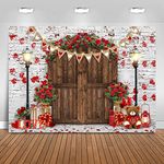 Mocsicka Rustic Wood Door Red Roses Backdrop Love Hearts Brick Wall Background Romantic Valentine's Day Party Decoration Supplies Photo Booth Props (7x5ft)