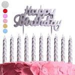 GET FRESH Silver Birthday Cake Candles Set – 10-Pack Spiral Candles and Happy Birthday Candles Cake Topper – Elegant Bday Candles and Letter Candles Cake Decoration – Unique Silver Birthday Candle kit