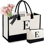 BeeGreen Initial Canvas Tote Bag with Makeup Bag Personalized Gifts for Women Friends Teacher Mother, Black and White, Letter E