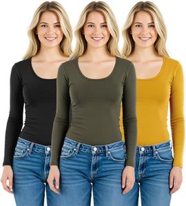 Emmalise Women's Junior and Plus Size Basic Scoop Neck Tshirt Long Sleeve Tee, 2XL, 3Pk Black, Olive, Dk Mustard