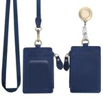 Wonderpool Leather ID Badge Holder with Zipper Wallet Pouch - Card Slots Case Detachable Neck Lanyard and Retractable Badge Reel for Office School Hospital Exhibition ID (Blue)