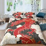 Dragon Bedding Set Japanese Wave Comforter Cover For Kids Boys Girls Teens Adult Animal Cloud Duvet Cover Oriental Sketch Ocean Quilt Cover With Zipper Closure Brushed Decorative Room Single Size