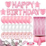 MOVINPE Pink Birthday Balloon Decoration, Happy Birthday Heart Star Fringe Curtain Foil Tablecloth Foil Confetti Balloons 10g Table Confetti for Girls Women Birthday Wedding Party