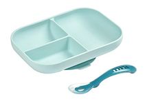 Beaba - Baby Suction Plate - Silicone Divided Plate with Suction Cup + Silicone Spoon - Sticks to The Table/Highchair Tray - Microwave Safe - Toddler Meal Set - Blue