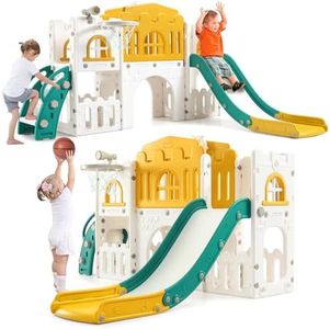 8 in 1 Toddler Slide Indoor Playground, Indoor Slide Toddler Playset for Toddlers 1-3, Kids Outdoor Playground with Slide, Basketball Hoop, Climber, Crawling Tunnel, Telescope, Toy Storage