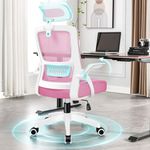 ELFORDSON Ergonomic Office Chair with Flip-up Armrest for Home Office, Computer Mesh Desk Chair with Headrest Lumbar Support Swivel Work Chairs, Pink and White