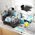 GSlife Dish Drying Rack with Drainboard - Expandable 2-in-1 Dish Racks for Kitchen Counter and Sink, Rust-Resistant Metal Dish Drainer with Pan Slots and Utensil Holder, Black