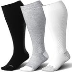 LEVSOX Wide Calf Compression Socks for Women&Men Plus Size 15-20mmHg Knee High Large Support Stockings for Circulation, 3 Pair-black/White/Grey, 3X-Large