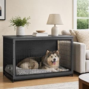 SONGMICS HOME Dog Crate Furniture, Wooden Dog Kennel End Table with Double Doors and Removable Tray, Indoor Pet House for Large and Medium Dogs up to 105 lb, Black
