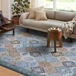 Phantoscope Vintage Collection Area Rug 8'x10', Washable Large Living Room Rug Non-Slip, Low-Pile Boho Moroccan Carpet for Bedroom Dining Room Office Durable Indoor Printed Rug, Blue Teal/Multi