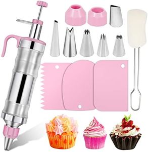 Icing Decoration Gun Set Cake Decorating Tools Dessert Decorator Syringe 6 Russian Piping Icing Nozzles 3 Cream Scraper Stainless Steel Cupcake Frosting Filling Injector Cake Icing Tool(Pink)