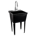 Black Utility Sink Laundry Tub with High Arc Stainless Steel Kitchen Faucet by MAYA - Pull Down Sprayer Spout, Heavy Duty Slop Sinks for Washing Room, Basement, Garage, or Shop, Free Standing Tubs