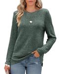 Odosalii Jumpers for Women, Fuzzy Sweater, Ladies Fall Crewneck Side Split Tops, Plain Striped Sweatshirt, Cozy Long Sleeve Basic Vacation Green Blouse Size 14 16