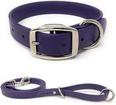 Regal Dog Products Large Purple Waterproof Dog Collar and Leash Set | Heavy Duty Double Buckle & D Ring - 5'ft Leash | Adjustable Biothane Dog Collar | Chew Resistant Waterproof Collar for Dogs