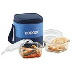 Borosil Prime Lunchbox with Bag | 2pc Square Container Set (320 ml Each), Vertical | Borosilicate Glass | Microwave & Dishwasher Safe, Leakproof | Tiffin for Office/School/College | Blue, Transparent