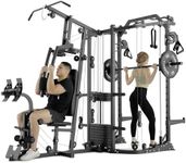GMWD SmithΔ Machine Power Cage, Multi-Function Home Gym System with Cable Crossover System, Dual-Sided Workout Station with 121LB Weight Stack, Power Rack, Functional Trainer, All-in-One Home Gym