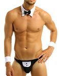 iiniim Men's Gentleman Waiter Lingerie Suit Tuxedo G-String Thong with Collar and Bracelets 3Pcs Set Black&White M