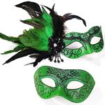 MYSEUNI Green His and Hers Masquerade Masks Set -Feather Masquerade Mask for Couple & Venetian Mask for Masquerade Party, Mardi Gras, Halloween Cosplay Prom, Christmas