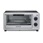 Proctor Silex 4-Slice Toaster Oven Broiler, Black and Silver, 1100W Compact Countertop Oven, Bake, Broil & Toast, Includes Bake Pan and Oven Rack, 31260G