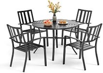 PHI VILLA 5 Piece Outdoor Dining Table Set for 4, 42” Round Steel Dining Table with Umbrella Hole & 4 Black Stacking Metal Chairs for Patio, Deck, Yard, Porch