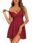 Vlazom Women Nighties, Sexy Lingerie for Ladies Nightdress Lace Chemise Slip Dress V Neck Babydoll Sleepwear Wine Red,M