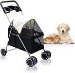 PaWz 4 Wheels Foldable Pet Stroller Dog Cat Travel Carrier Large Black, Removable Canopy Dog Pram with 2 Safety Leash, Detachable Folding Pet Stroller Trolley for Cats Dogs, Pet Carrier with Wheels