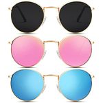 Round Sunglasses for Women, Polarized Round Sun glasses with Circle Metal Frame and UV Protection (Gold/Grey+Gold/Blue+Gold/Pink)