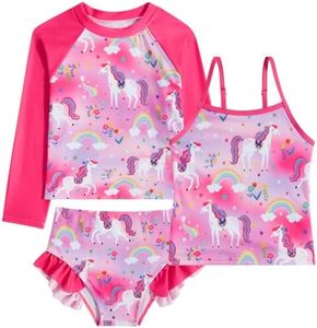 swimsobo Girls 3-Piece Swimsuit Long Sleeve Rash Guard Tankini Sets UPF Sun Proction Bathing Suit 3-10T, Red Unicorn