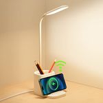 YAMYONE LED Desk Lamp with Wireless Charger, Pen Holder Table Lamp 3 Colors Stepless Dimmable Touch Control, Gooseneck Study Lamp (No Adapter Included, Needs 5V3A Adapter)