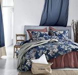 Midnight Blue Botanical Print Duvet Quilt Cover Egyptian Cotton Bedding Set Modern Luxury Minimal Palm Leaf Dark Navy Taupe Floral Watercolor Design (Midnight, Super King)