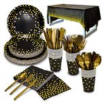 176 Pieces Gold Disposable Party Dinnerware Set &Golden Dot Disposable Birthday Party Dinnerware - Black Paper Plates Napkins Cups, Gold Plastic Forks Knives Spoons