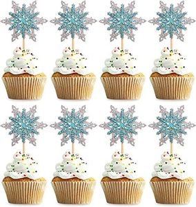 Confetti! 24 Pack Frozen Snowflake Cupcake Toppers Double Layers Silver and Blue Winter Theme Cupcake Picks Baby Shower Kids Birthday Party Christmas Cake Decorations Supplies