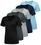 CE' CERDR 5/7 Pack Workout Shirts for Women, Moisture Wicking Quick Dry Active Athletic Women's Gym Performance T Shirts, 5 Pack Black, Light Grey, Dark Grey, Navy, Light Blue, Large