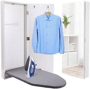 Ivation Wall-Mounted Ironing Board Cabinet, Foldable Ironing Storage Station for Home, Apartment, Easy-Release Lever, Garment Hooks, with Full Mirror Door, White