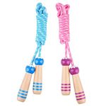 Hianjoo Skipping Rope for Kids [2 Pack], Adjustable Cotton Rope Wooden Handle Jump Rope for Children Boys and Girls for Exercise Fitness Training Weight Loss Outdoor Activity, Pink and Blue