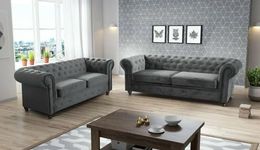 MK SOFAS Chesterfield 3 and 2 Seater Sofa Sets – A Luxurious & Modern Chesterfield Sofas for Living Room 3 Plus 2 Seater – Light Grey Plush Velour Fabric Chesterfield Style