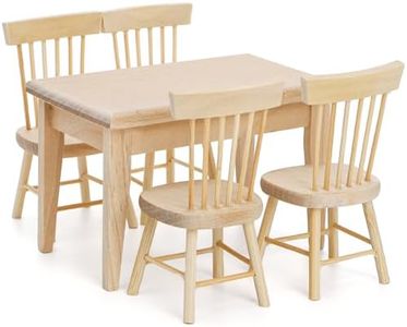 Nicunom Dollhouse Dining Room Furniture Set, 1/12 Scale Miniature Table and 4 Chairs, Wooden Doll House Accessories