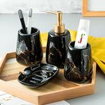 FabSeasons Bathroom Set Accessories, Italian Marble Pattern with Gold 4 Pieces Bathroom Accessory Sets Includes Soap/Lotion Dispenser, 2 Tumblers/Brush Holder, 1 Soap Dish/Holder