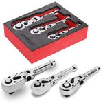 UYECOVE 1/2 3/8 1/4 Inch Drive Stubby Ratchet Set, Flex Head Ratchet Set Stubby Ratchet Wrench Set, 72 Tooth Quick Release Swivel Head Ratchet Cr-Mo Head Socket Wrench Flexible Ratchet Handle