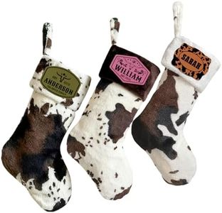 Lewari Custom Cowhide Christmas Stocking with Name, Personalized 20" Large Cow Print Stockings with Leather Name Tag, Rustic Western Cowboy Farmhouse Xmas Fireplace Decor for Family & Kids(20inch)