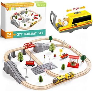 Tiny Land 74 Pcs Wooden Train Set with Battery Operated Train & Wooden Tracks -fits Thomas, fits Brio, fits Chuggington, fits Melissa and Other Major Brands for Kids Toys for 3+ Years