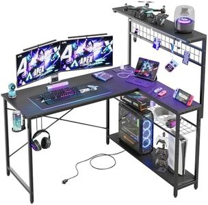 Bestier 51 L Shaped Gaming Desk with Power Outlets, LED Workstation with 4 Tiers Shelves for Home Office, Gamer Reversible Table with Hooks and Cup