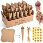 30 Pcs Party Confetti Cone Holder Box Set Stand Tray Box Petals Bouquet Candy Wedding Confetti Cones Confetti Cone Holder Favor Include Ropes, Adhesive Stickers (Simple Style, Brown Paper Color)